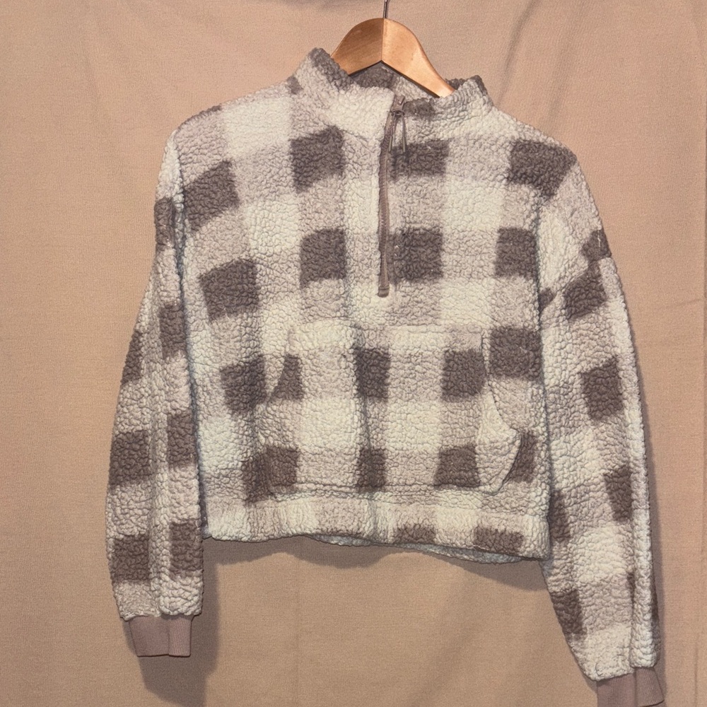 Cozie by Pink Rose Plaid Fleece Quarter Zip in Pink and Cream